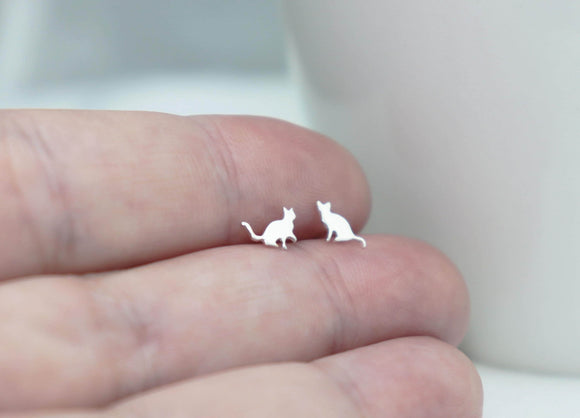Mini Mismatch Cat Studs • One Reaching Cat One Sitting Cat Pose • Handmade • Sterling Silver • Cat Lover Gift • Tiny Silver Cat Studs 6mm