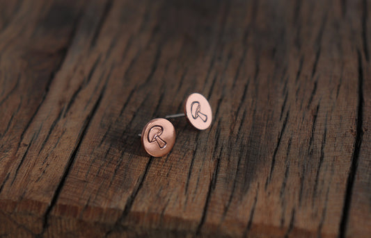 Rustic Copper Mushroom Disk Studs, Hand Stamped Mushroom/Toadstool Design