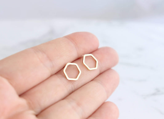 Brass Hexagon Stud Earrings - Sweet November Jewelry